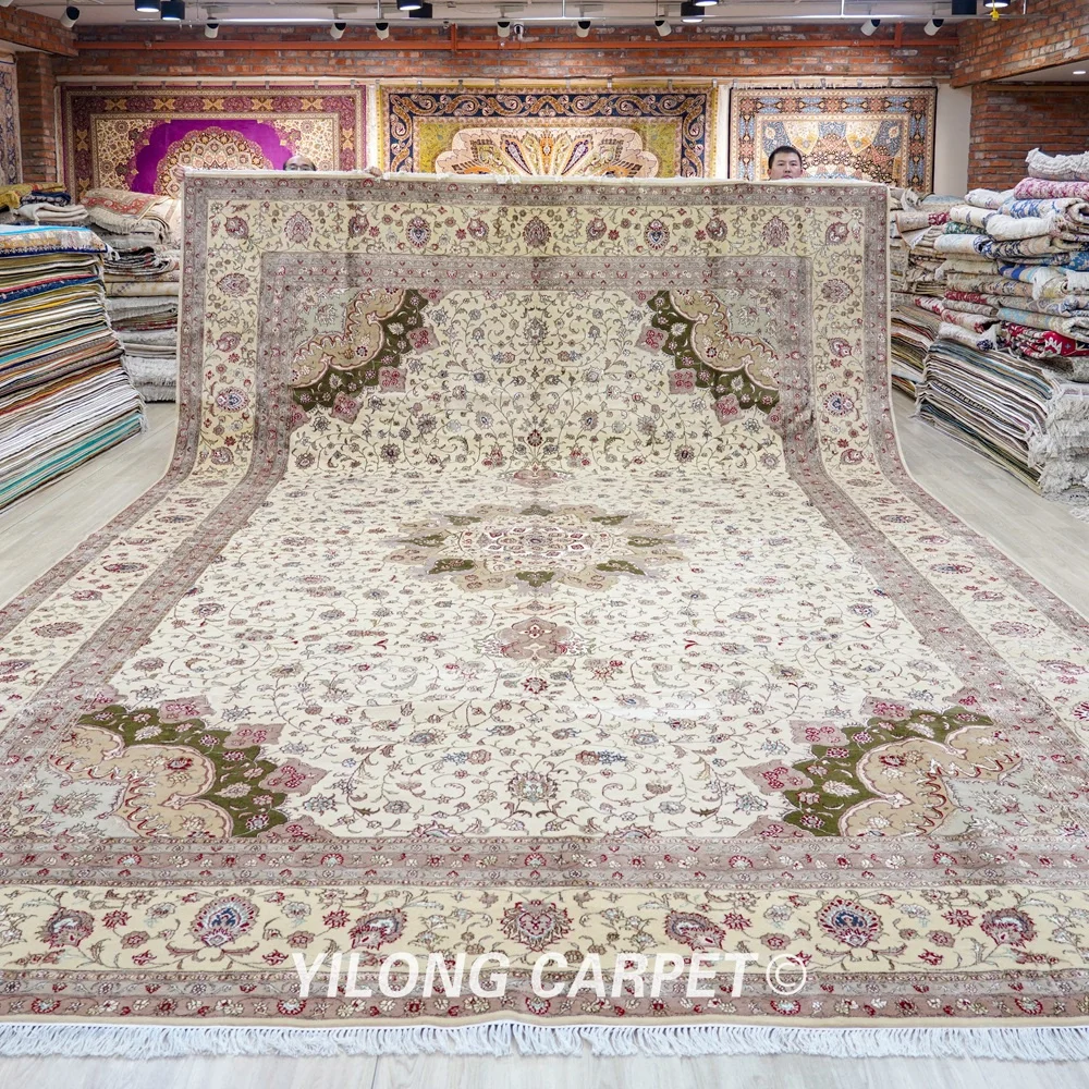 12'x18' Oversize Handmade Wool Thick Rug Beige Exquisite Wool Silk Persian Carpet (SLE114W)