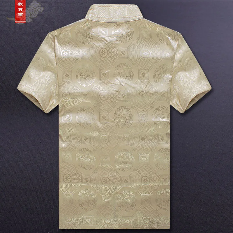 Traje Tang de manga corta para hombre, camisa de rayón superior, blusa con estampado de dragón, ropa tradicional china para hombres mayores de verano