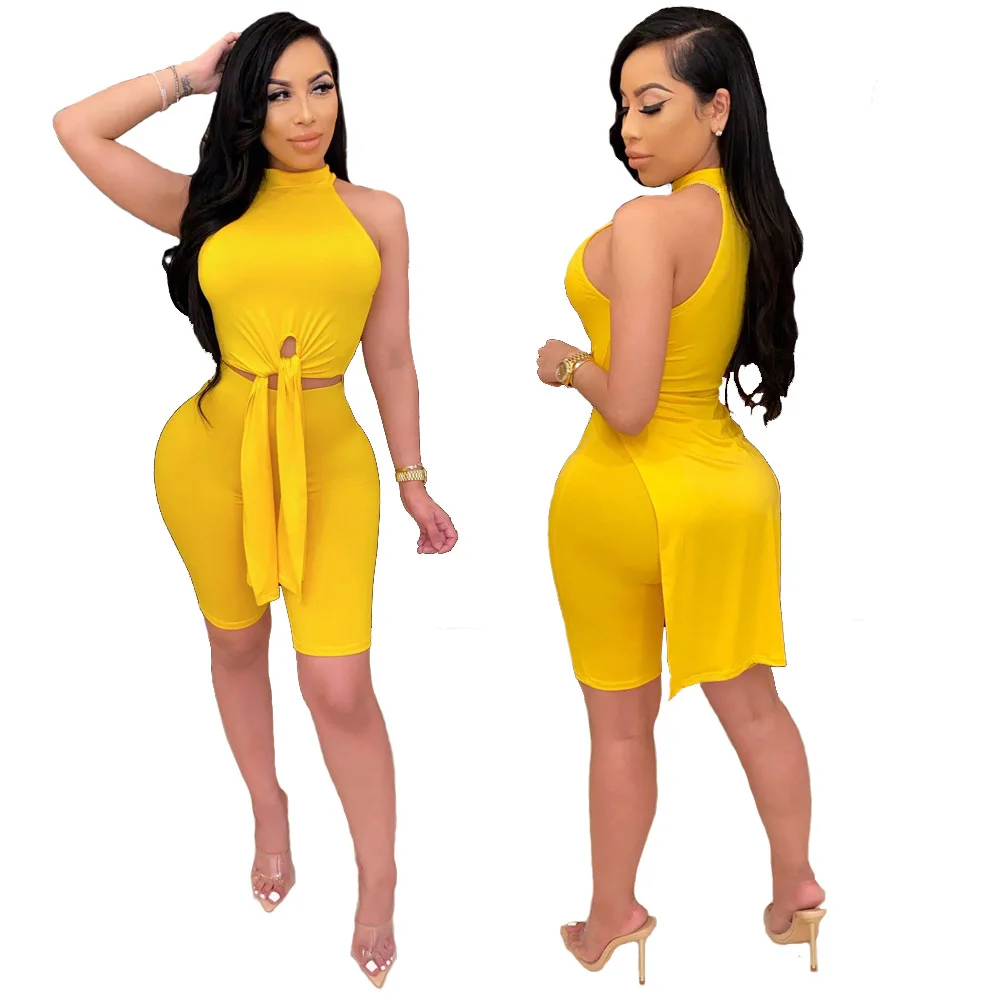 2021 Sexy Summer Women Sleeveless Yellow Black Two Pieces Sets Top and Pant Women Suit