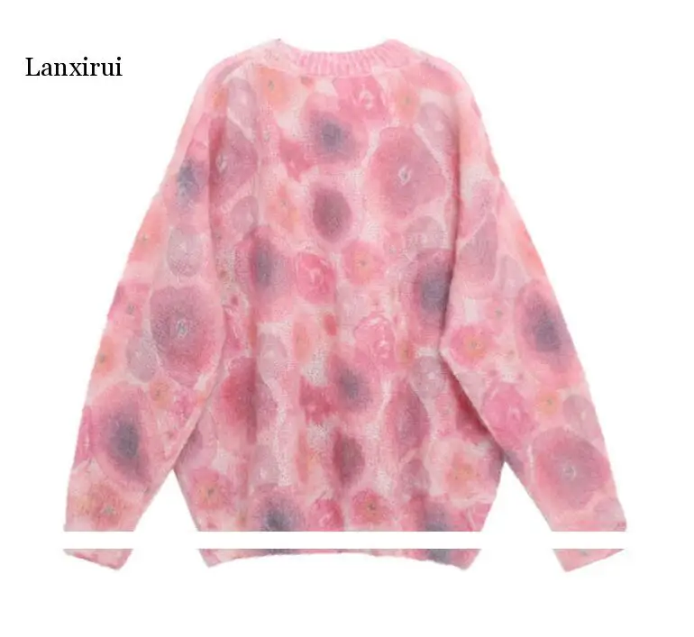 Autumn / winter new women's round neck color matching printing knitting decoration long sleeve loose sweater