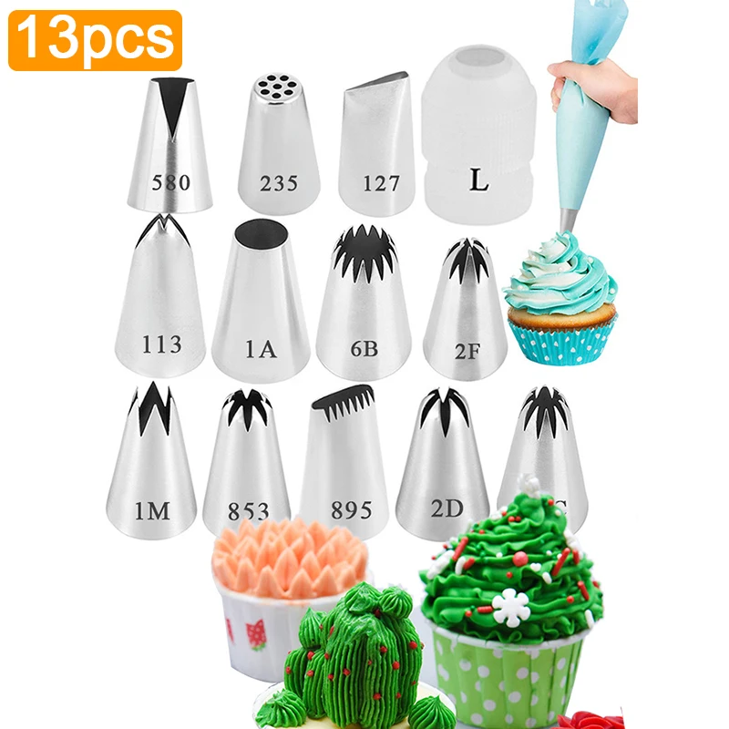 

13Pcs Big Size Cream Cake Icing Piping Tips Russian Nozzles Rose Pastry Tips Stainless Steel Fondant Cake Decorating Tools