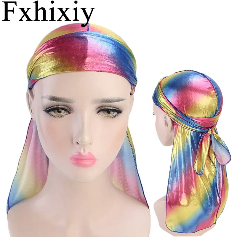 Men's Silky Laser Wigs Doo Durag Breathable Bandanas Turban hat Biker Headwrap Hair Accessories Pirate Extra Long Tail Du-Rag