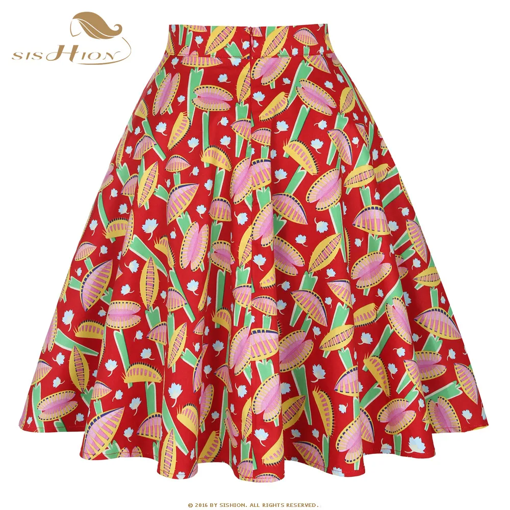 SISHION A Line Cotton Red Flower Print Women Skirt VD0020 High Waist 50s 60s Swing Vintage Summer Skirts Womens