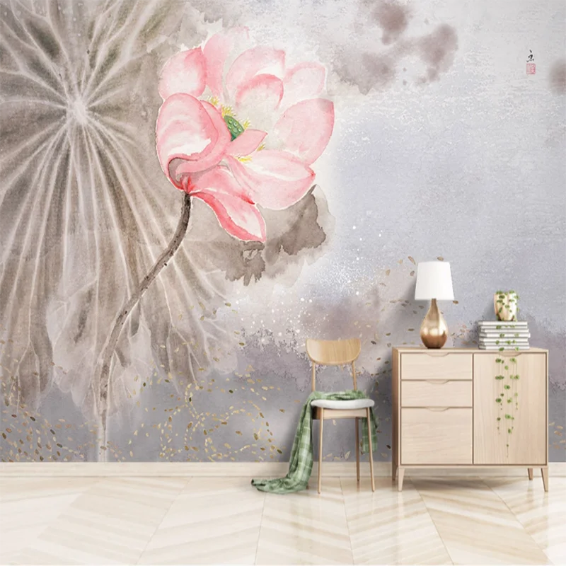 

Custom Mural Wallpaper New Chinese Style Elegant Ink Lotus Background Wall Painting