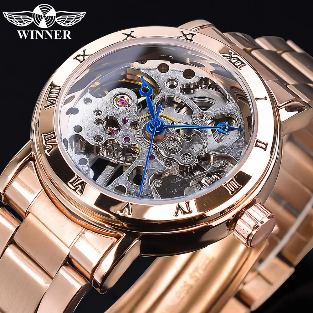 Winner Skeleton Dial reloj de acero inoxidable para mujer, reloj mecánico resistente al agua de marca de lujo, reloj exquisito de moda rosa dorado