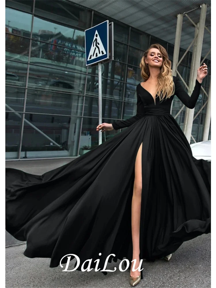 A-Line Empire Minimalist Holiday Formal Evening Dress V Neck Long Sleeve Floor Length Spandex with Split Front 2021