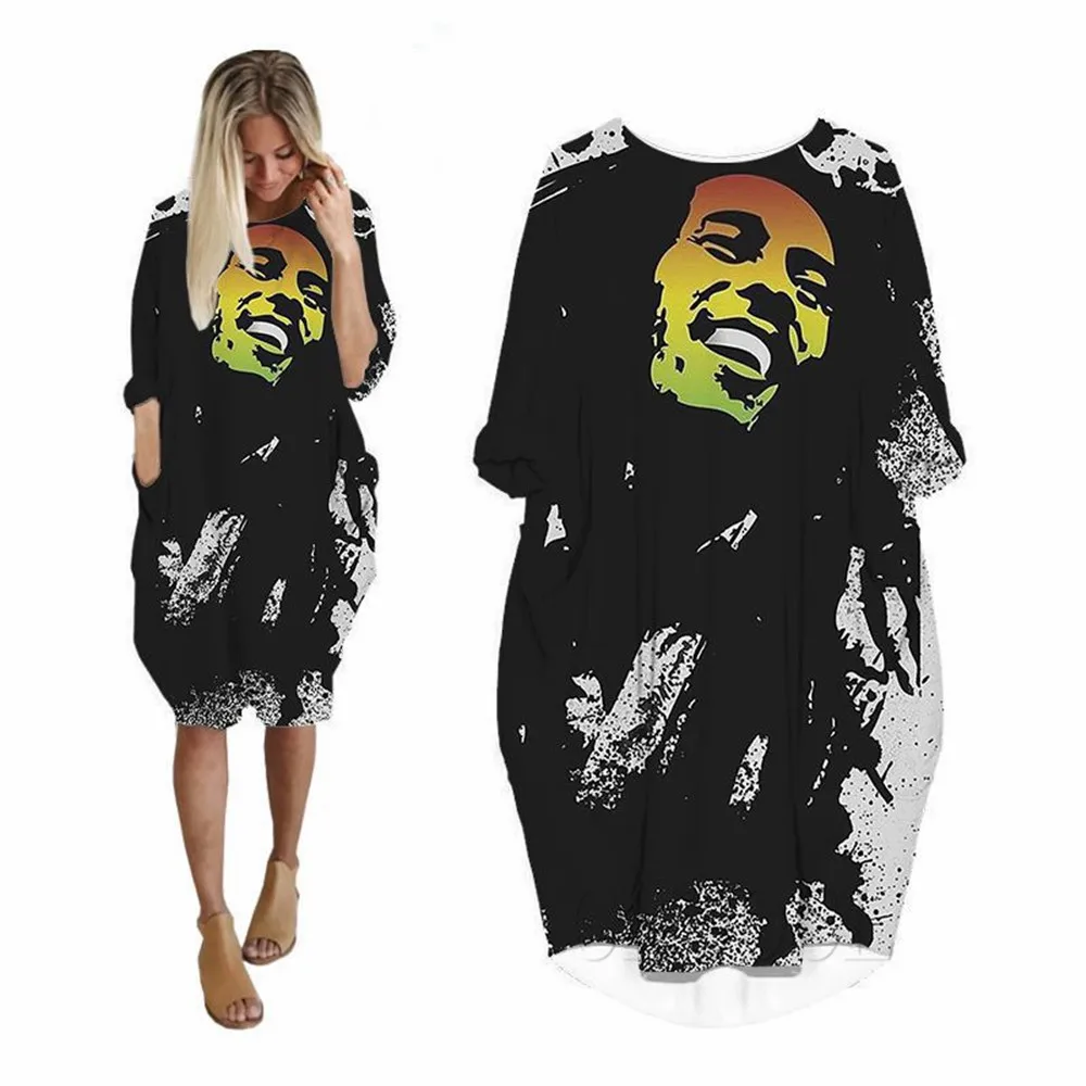 CLOOCL Fashion Bob Marley Dress 3D Printed Long Sleeve Streetwear Harajuku Female Casual Style Women Pocket Dresses Dropshipping