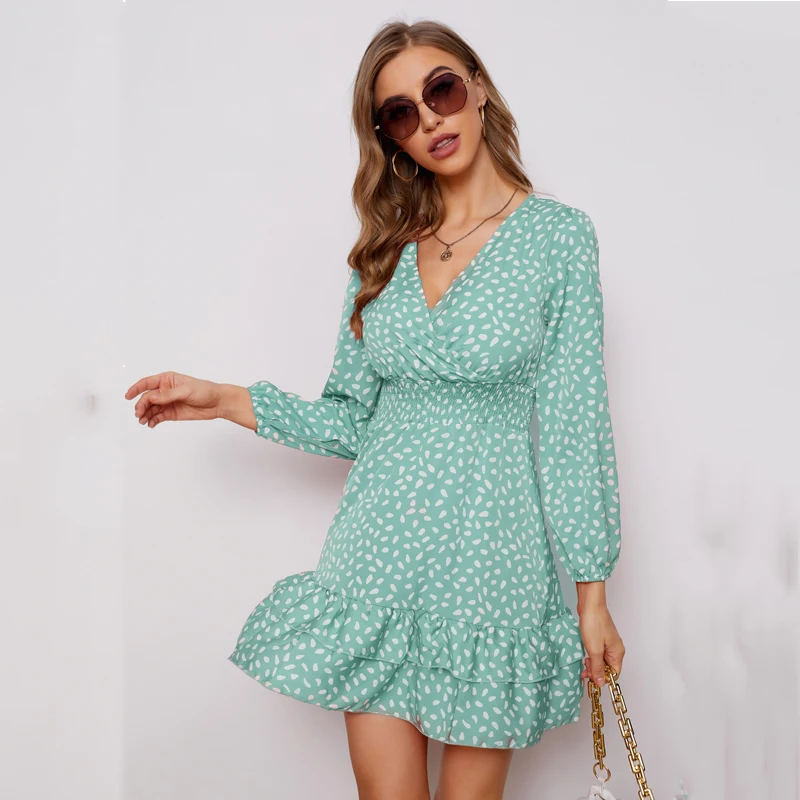 

Ardm Elegant V Neck Dot Print Long Sleeve Ruffle White Bodycon Sexy Dress Women High Waist Elastic Auturn Party Dress