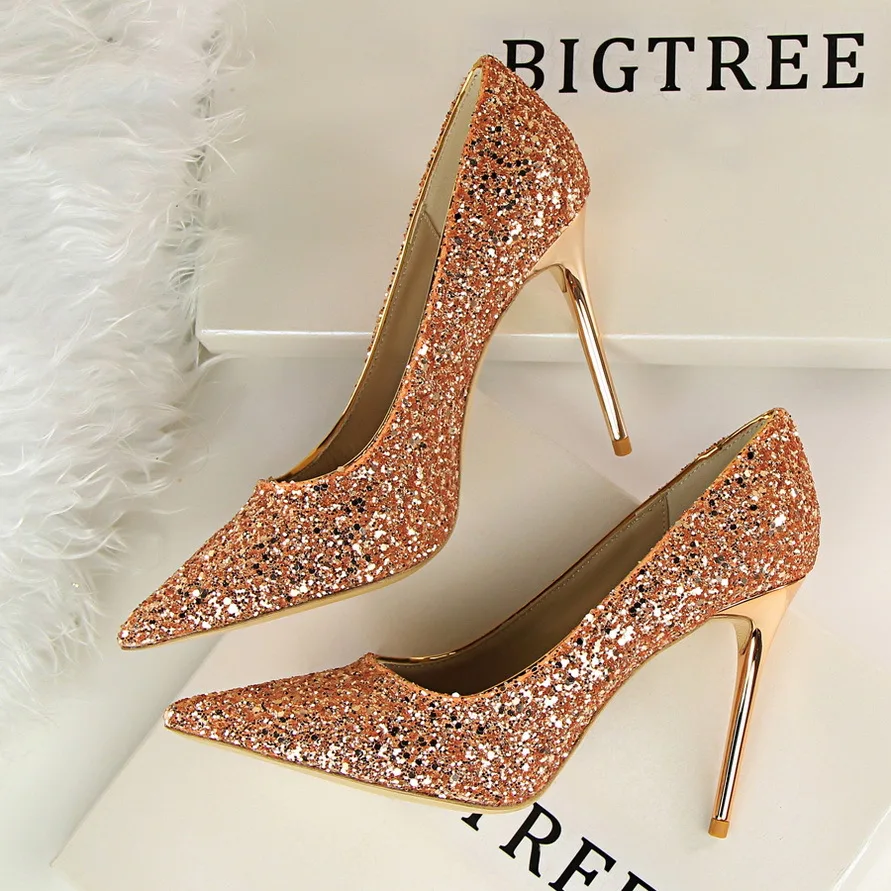 New Autumn Cinderella Shoes Women Bling Sequined Cloth Fashion High Heels Shoes Woman Pumps Pointy Toe Ladies Party Wedding Shoe