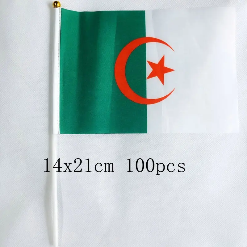 zwjflagshow Algeria Hand Flag 14*21cm 100pcs polyester Algeria Small Hand waving Flag with plastic flagpole for decoration