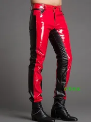 29-39 Men's New Sexy Stage Trousers Dj Color Block Fashion Personality Slim Leather Pants Male Singer Motorcycle Costumes