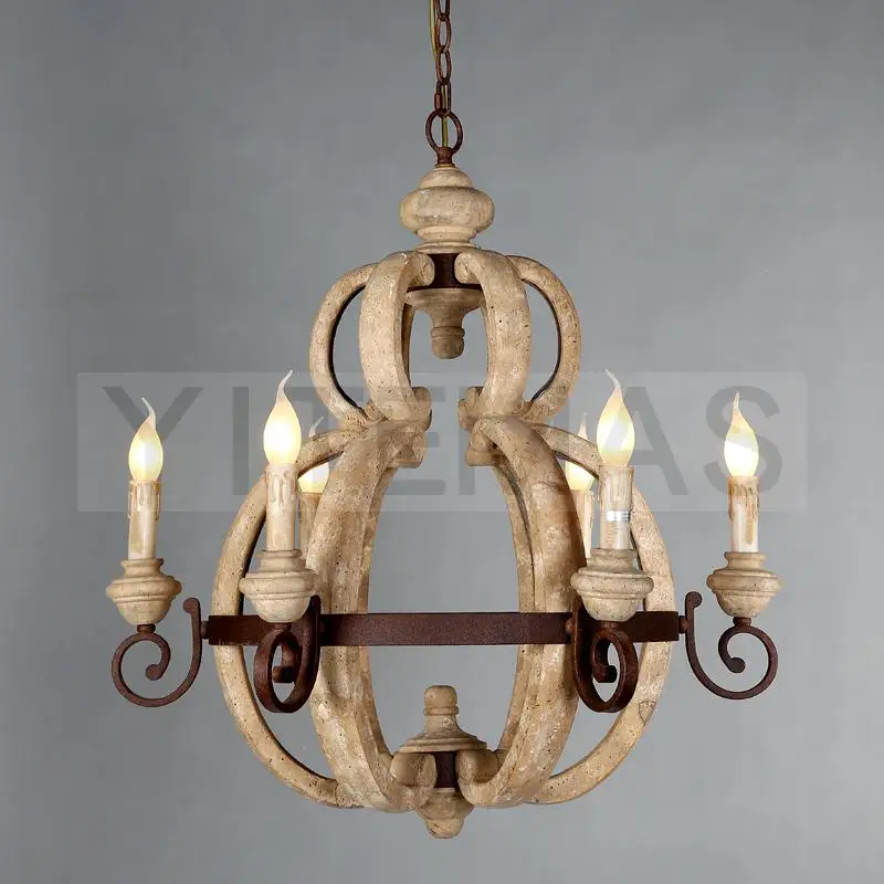 Rustic iron wooden chandelier interior 6 candle lights country loft decorative indoor lighting russia 2018 antique wood lamp