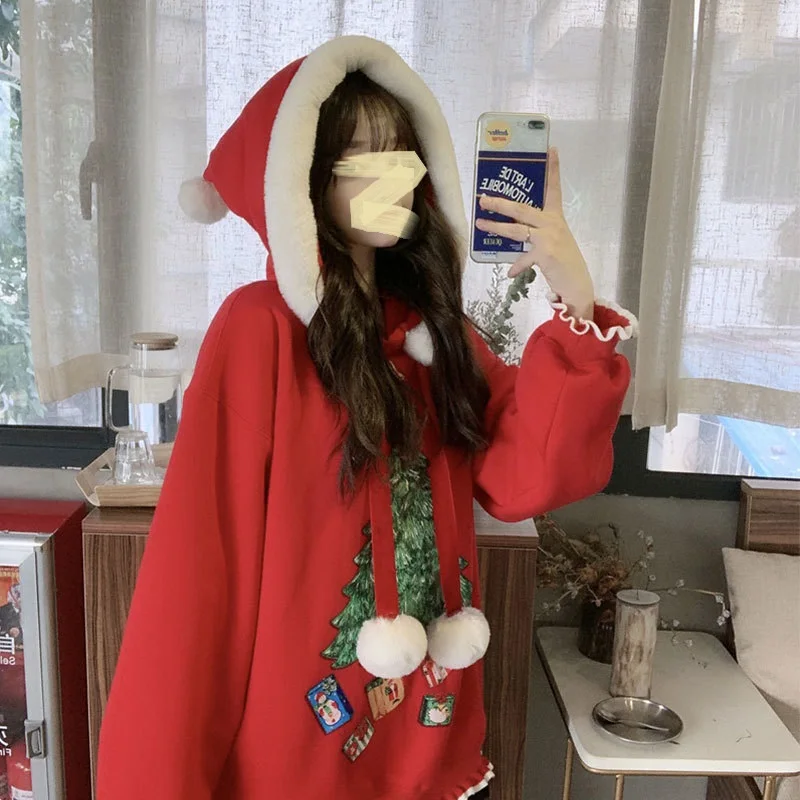 Women's Hoodie Jumpers Tops Girl Hoody Christmas Costume Loose-fit Pullovers Christmas Tree Furry Ball Sweet Cute Kawaii Stitch