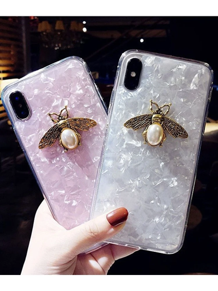 Luxury Bling Pearl Bee Seashells Pattern Phone Case For iPhone 16 15 14 13 12 11 Pro Max Plus + Fashion Cover For iPhone16promax