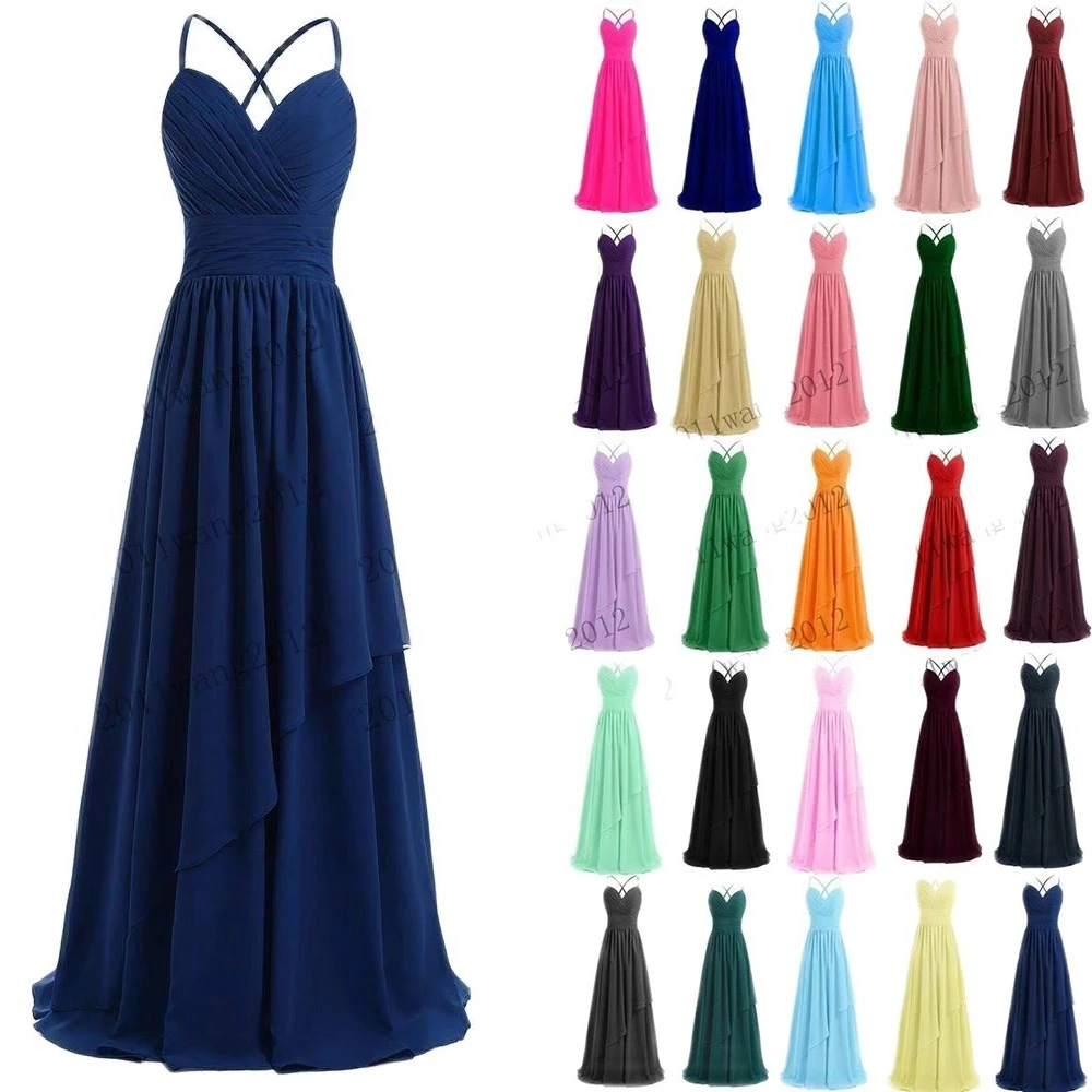 A Line Chiffon Elegant Spaghetti Straps Pleat Off Shoulder Bridesmaid Dresses Wedding Party Formal Prom Evening Lace Up Back