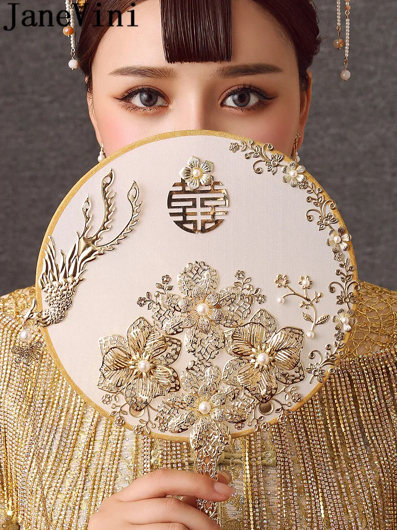 JaneVini Chinese Style Bridal Fan with Golden Tassels Gold Phoenix Pearls Ancient Bride Wedding Bouquet Fan Type Flowers 2021