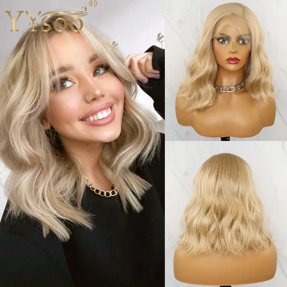 YYsoo Short Honey Blonde13x4 Synthetic Lace Front Wigs for Women Wavy 103# Futura Heat Resistant Fiber Replacement Wig Side Part