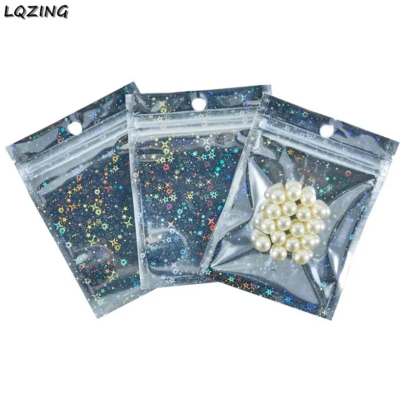 

50pcs New Star Foil Zip lock Bag Pouch Cosmetic Plastic Laser Iridescent Bags Holographic Makeup Bags Hologram Zipper Hangbag