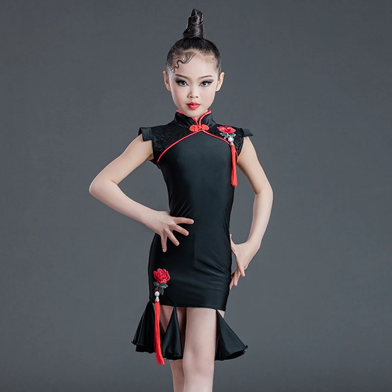 

Black Cheongsam Latin Dance Dress Girls Performance Costume Children Cha Cha Samba Rumba Practice Dress Training Clothes BL6925