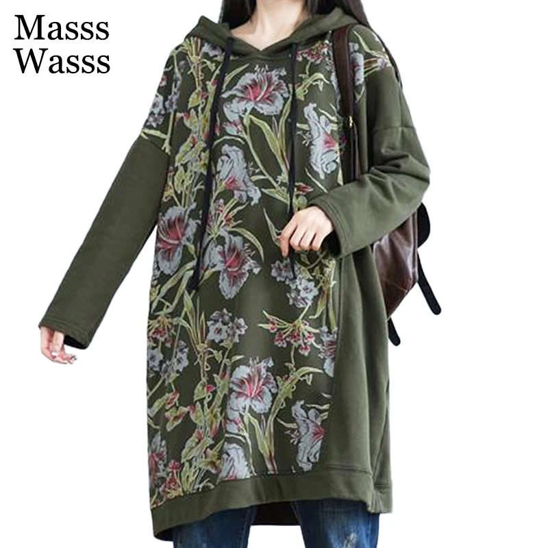 Masss Wasss 2021 Autumn Green Hooded Printed Punk Sweatshirt Womens Loose Casual Long Hoodies Female Flowers Harajuku Clothes