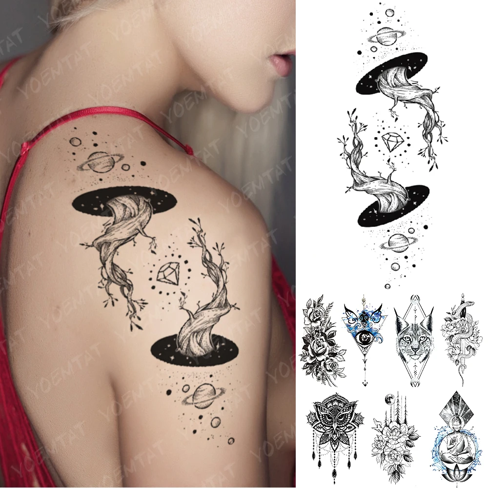 

Waterproof Temporary Tattoo Sticker Wolf Tree Rose Moon Flash Tattoos Fox Clock Flower Body Art Arm Fake Sleeve Tatoo Women Men