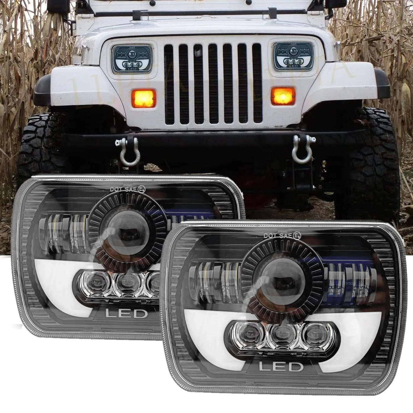 For Jeep Wrangler YJ Cherokee XJ Rectangle 7X6 5x7 Headlight With 2pc Universal LED Backup Reverse Brake Tail Lights