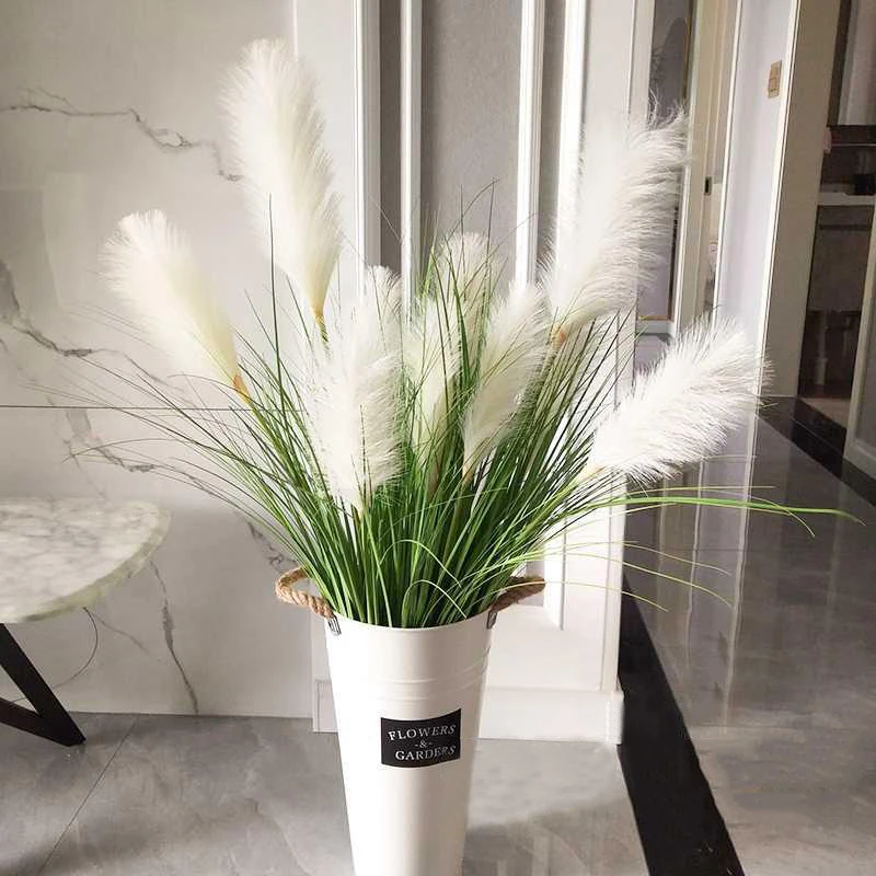 90cm 5 Heads Silk Plants Large Artificial Reeds Tree Fake Bulrush False Onion Grass Paper Leaves Branches For Home Wedding Decor