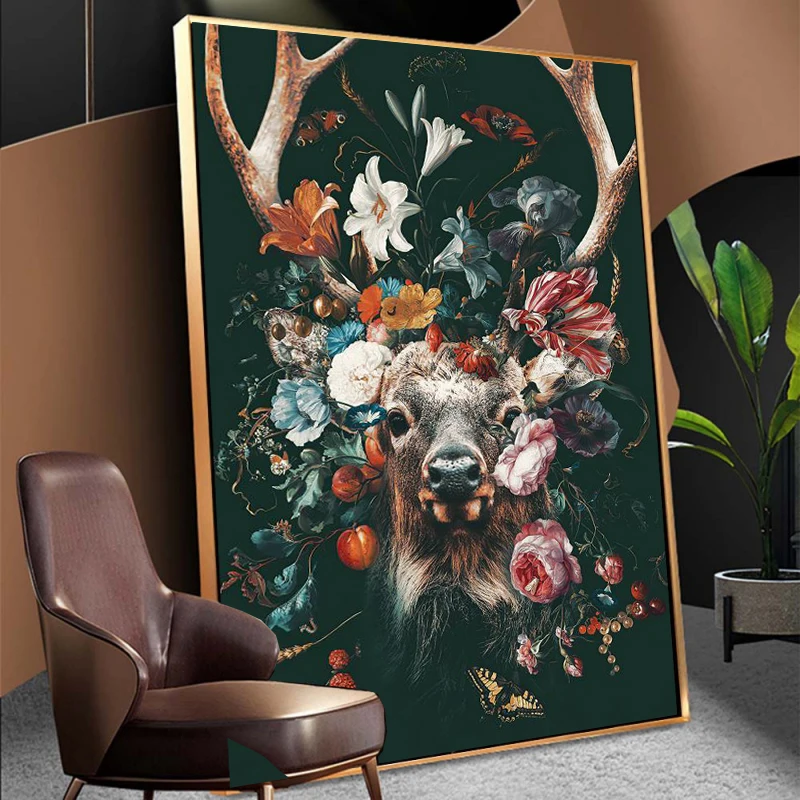 

Modern Deer and Flower Canvas Painting Wild Animal Head Posters and Prints Wall Art Pictures for Living Room Home Decoration