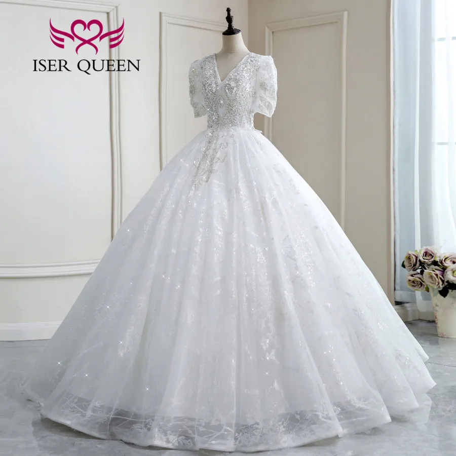 カスタムレースのボールガウン,半袖,Vネック,パール,ウェディングドレス,ファッション,ラージサイズ,wx0280