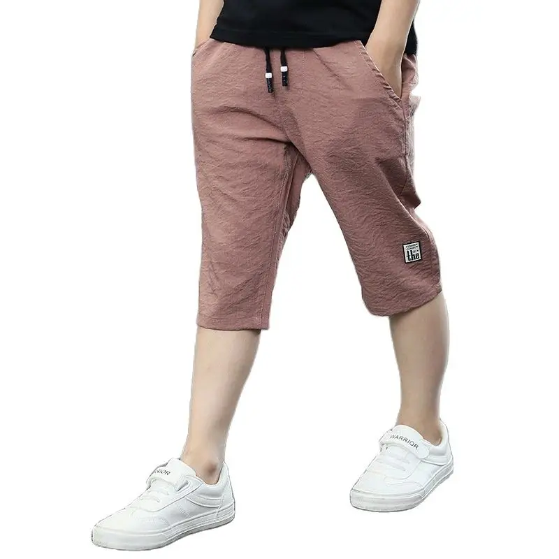 3-10Year Children Shorts Teenager Boys Shorts Summer Kids Knee Length Straight Shorts Boys Linen Cotton Capris Track Pant Casual