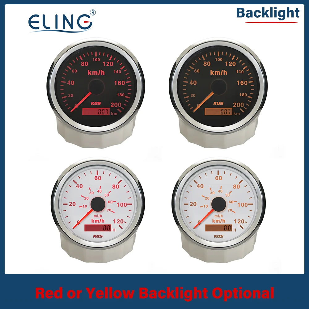 KUS 85mm 0-120km/h 0-200km/h Speedometer Speedometer Hourmeter with Red and Yellow Backlight Available Pulse Signal for Car RV
