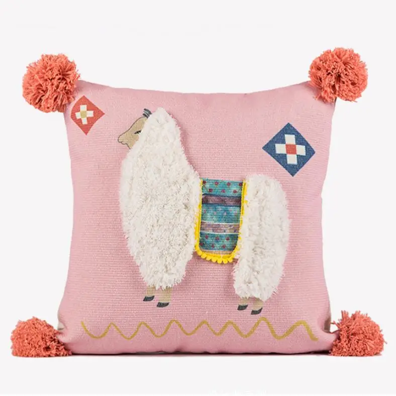 Pink Cute Alpaca Cushion Cover Linen Embroidery Pillow Case With Tassels For Sofa Couch Bed Tuft Square Home Decorative 45x45cm