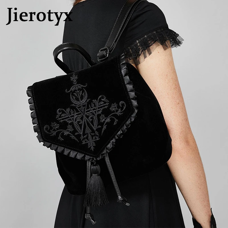 JIEROTYX Dark Harajuku Samt Rucksack Frauen Gothic Magie Stickerei Schwarz Punk Stil Damen Rucksack Reisetaschen Schulter Tasche