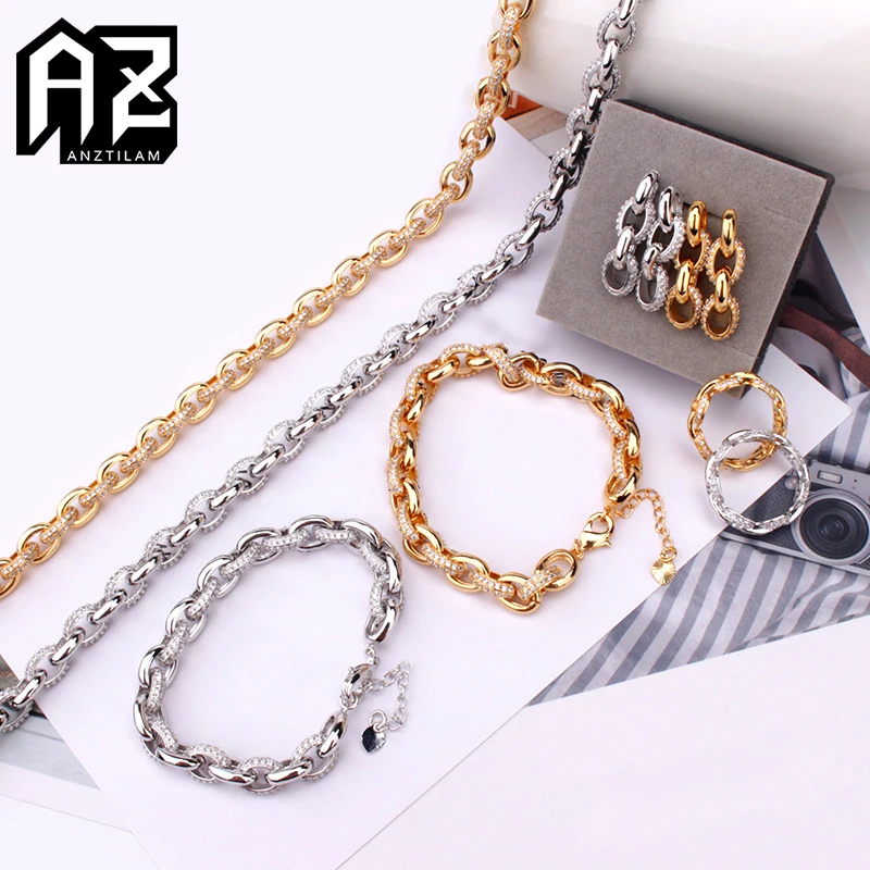 

AZ Hip Hop Iced Out 4 Pieces Set Rings Earrings Bracelets Necklace Full Bling Zircon Stone Jewelry For Women Men Goth Gifts