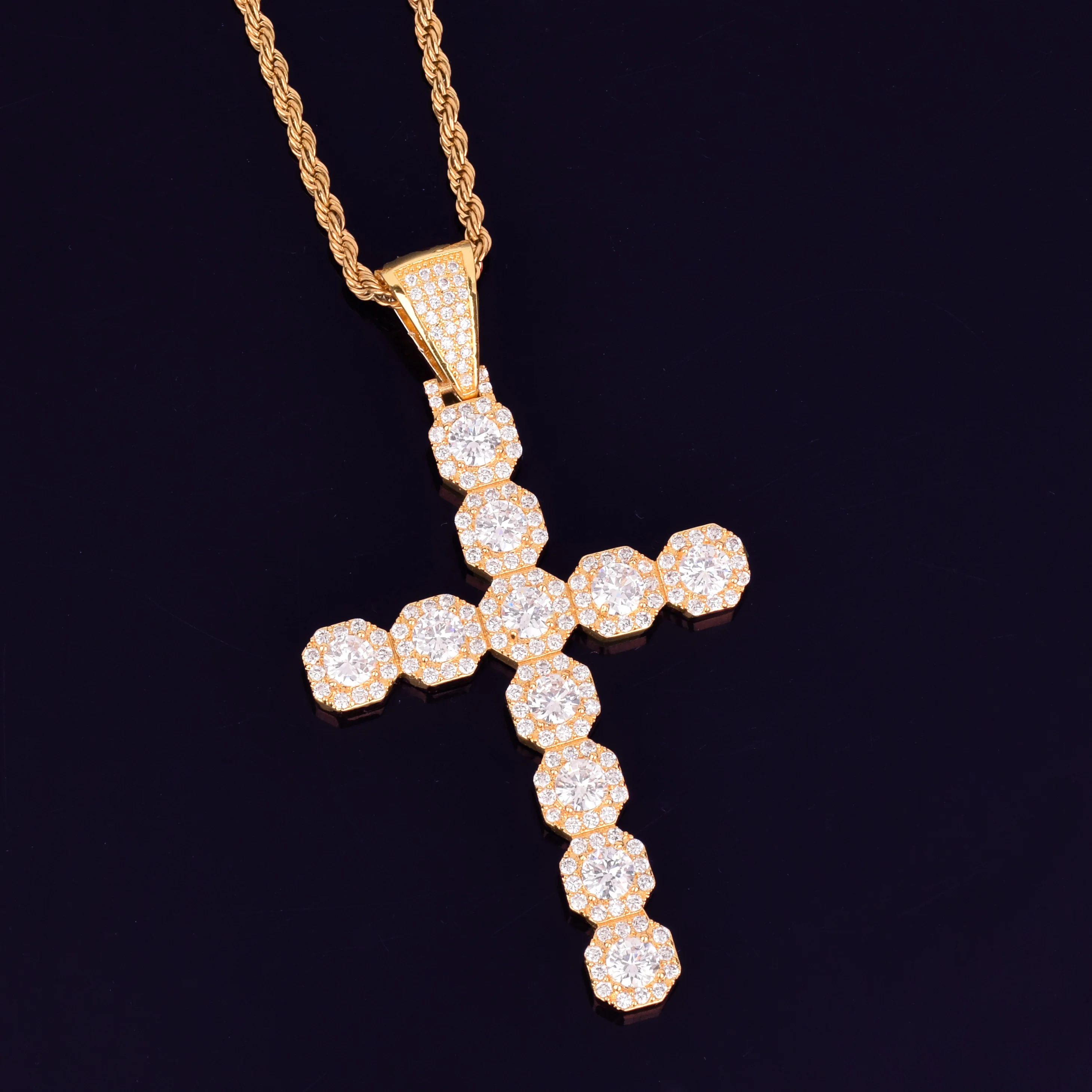 Bubble Letter Cross Necklace & Pendant Gold Color AAA Cubic Zircon Men\'s Hip Hop Rock Jewelry