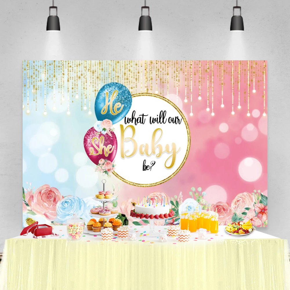 Photo Backdrops Balloons Party He or She What The Baby Will Be My First Communication Banner Portrait Photo Background Photocall