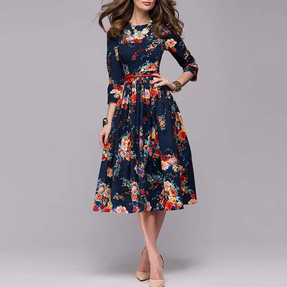 

Hot Sale Christmas Elegant Midi Dresses For New Year 2022 Vintage Floral Print O Neck Long Sleeve Flared Midi Party Dress