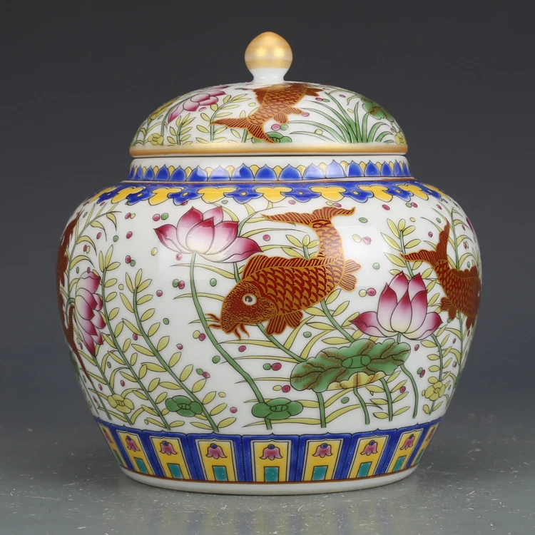 qianlong-qing-dynasty-year-mark-enamel-fish-algae-covered-can-tea-can-tea-caddy-tea-canister-antique-jar-collection