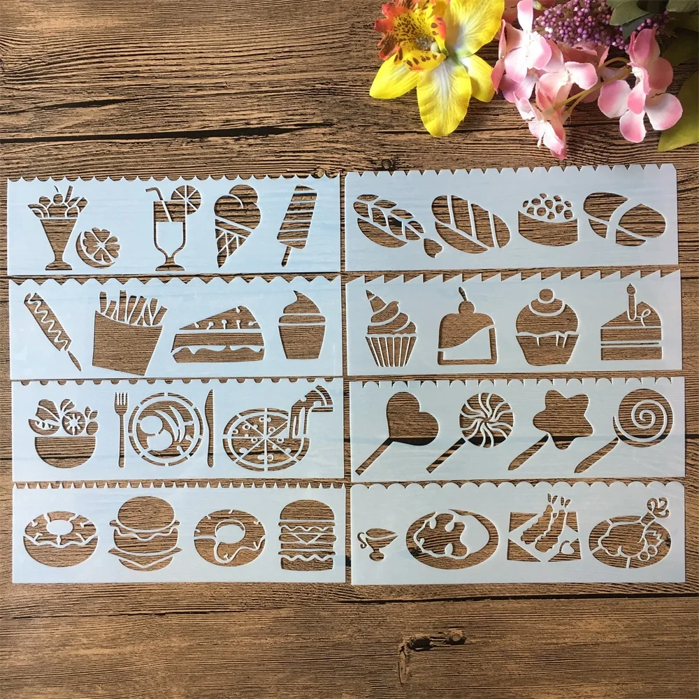 8Pcs 18.5*5.5cm Food Cake DIY Layering Stencils Painting Scrapbook Coloring Embossing Album Decorative Template