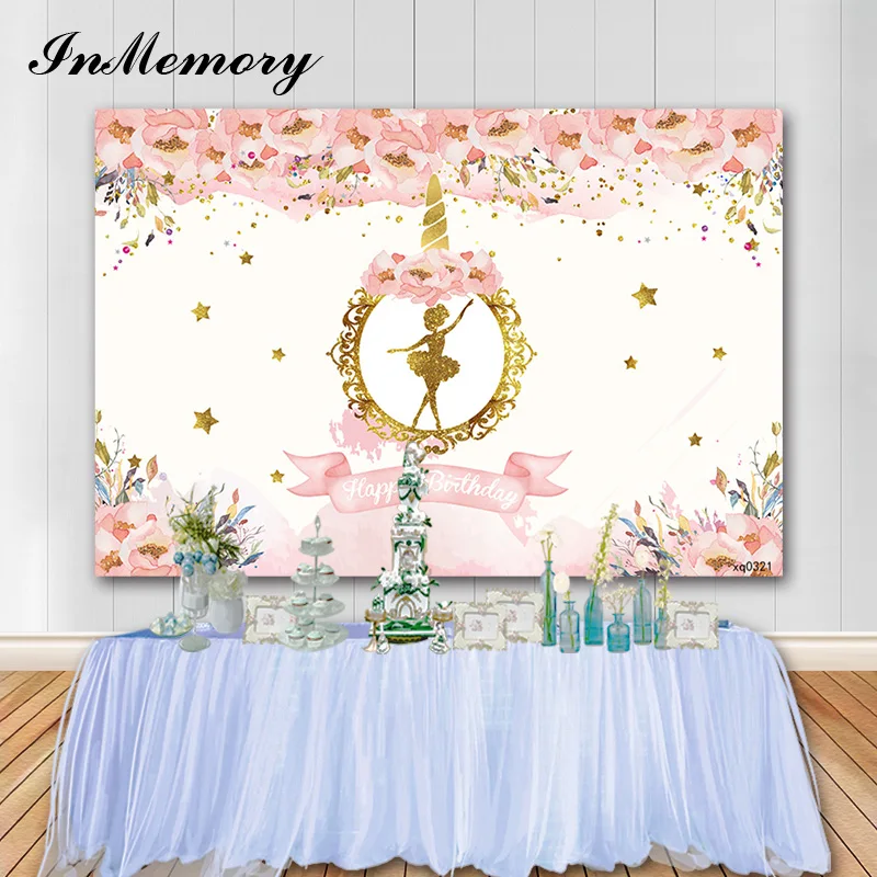 InMemory Unicorn Party Background Flowers Golden Dance Girl Birthday Party Photographic Backgrounds Photo Studio Booth Props 7X5