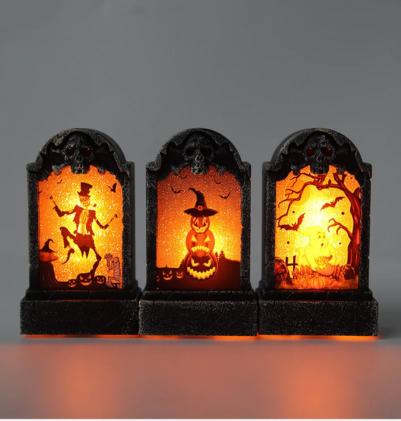 Halloween Props Tombstone with LED Light Glowing Pumpkin Skull Ghost Black Cat Tomb Garden Haunted House Halloween Party Decor