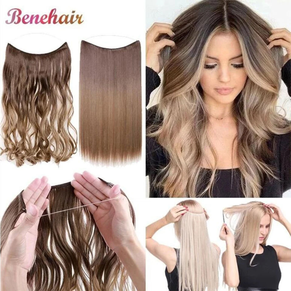 BENEHAIR Synthetic Invisible Wire No Clips In Hair Extensions Secret Fish Line Hairpieces Hair Extensions Fake Hair For Women