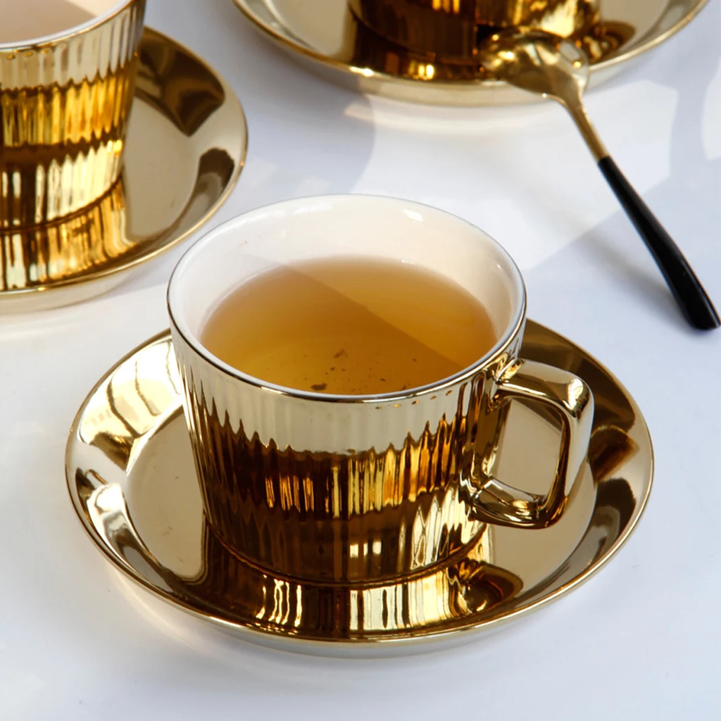 250ml Gold Plated Saucer Set Ceramic Tea Coffee European Style Espresso Office Tumbler Cup Picnic Birthday Wed Anniversary Gift