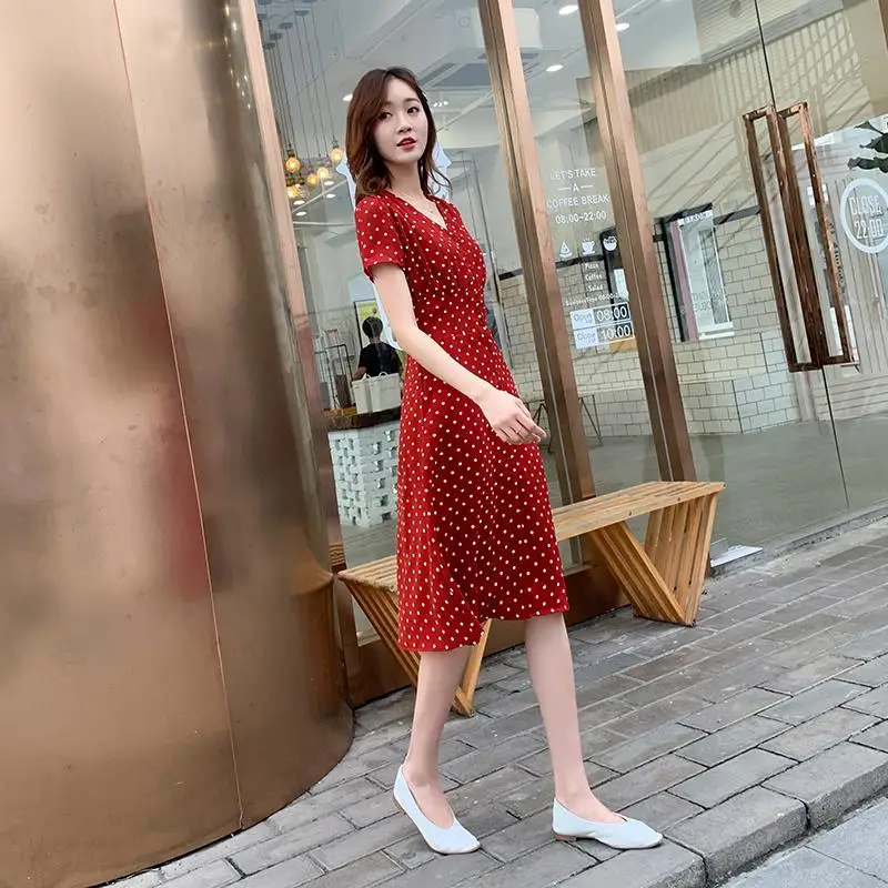 여름 레드 폴카 도트 드레스 소녀의 복고풍 중간 길이 여성 드레스 vestido de mujer femme robe