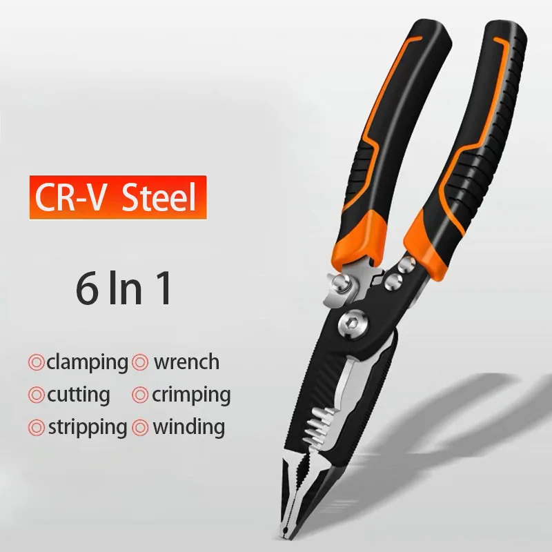 6 In 1 Multifunctional Electrician Pliers Wire Stripper Crimping Cutting Hand Tools 8 Inch Long Nose Pliers Multi Tool