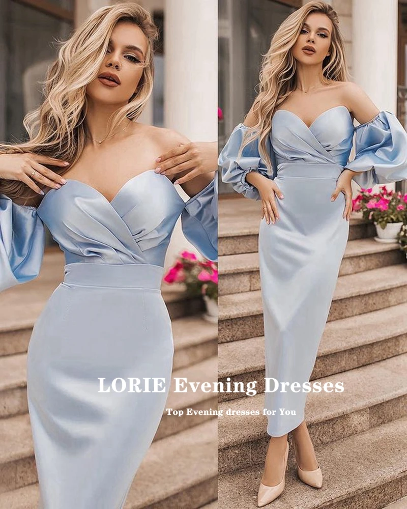 LOIRE Sky Blue Sheath Mermaid Evening Dress 2021 Off Shoulder Puffy Sleeves Ankle Length Elegant Prom Gown Custom Made