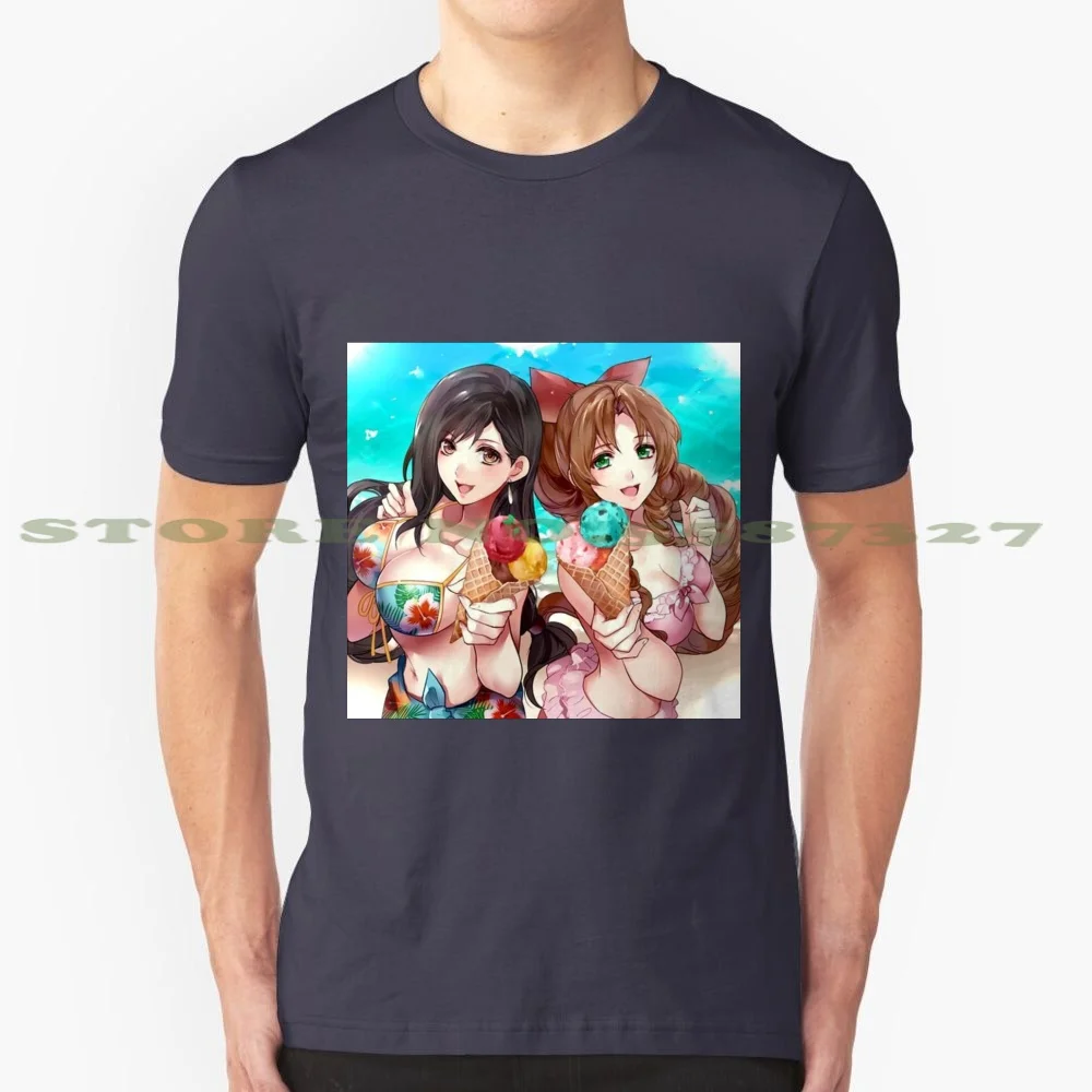 Aerith Tifa Bikini Ice Cream 100% Cotton T-Shirt Aerith Aeris Tifa Bikini Beach Icecream Sexy