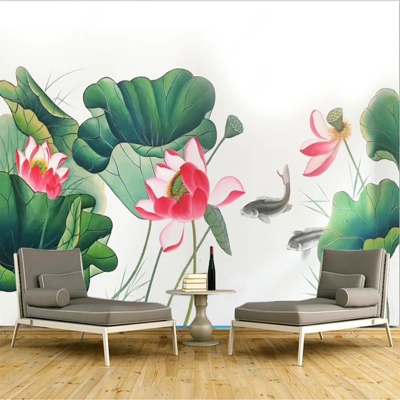 

Custom 3D Self-Adhesive Wallpaper New Chinese Style Hand-Painted Lotus Fish TV Background Wall Papel De Parede 3D Flores Paiting