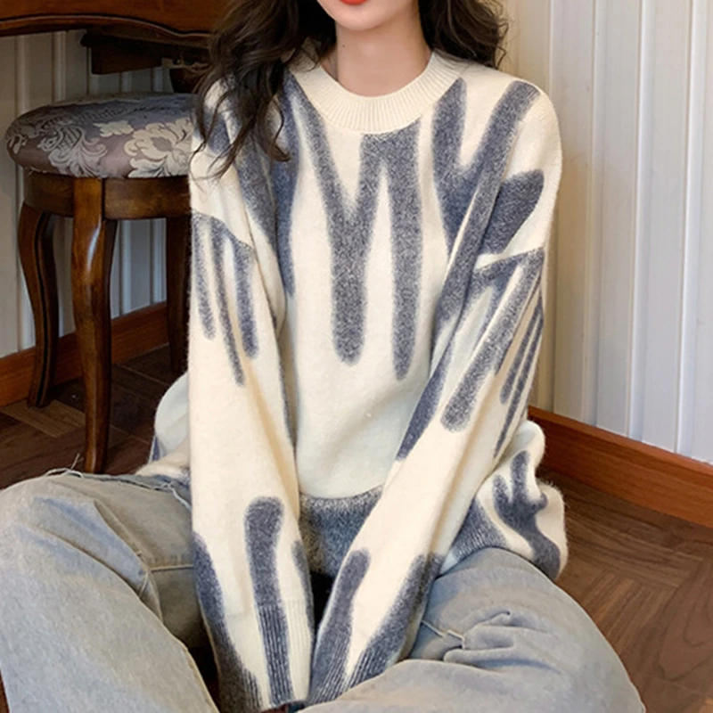 Oversized Pullovers Women Sweater Elegant Green Striped Print Winter Long Sweaters Streetwear Ladies Jumper Warm Outerwear 2022