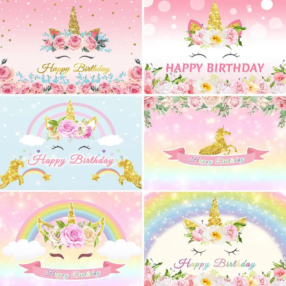 

Unicorn Flower Rainbow Custom Name Birthday Party Banner Backgrounds Baby Shower Newborn Photography Backdrops Photo Studio Prop